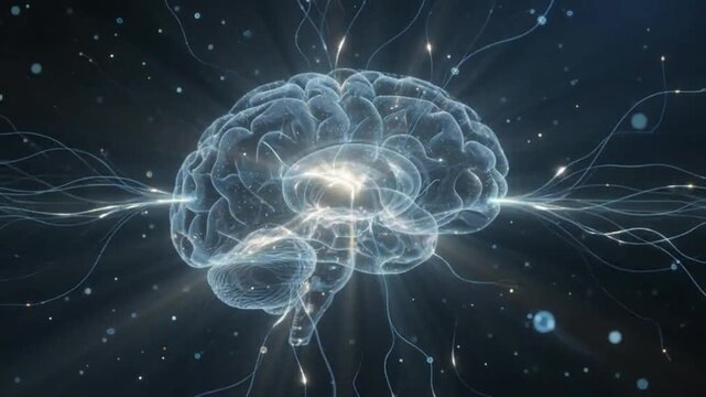 Futuristic digital brain with glowing neural network, artificial intelligence cognitive concept, glowing blue synapse energy motion