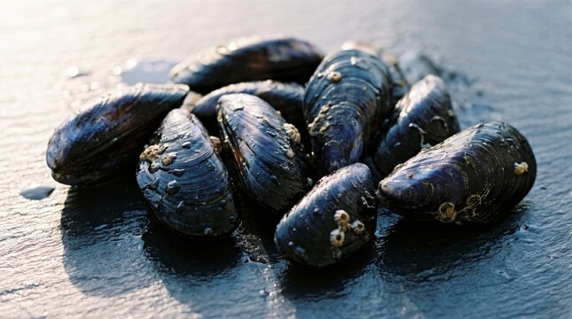 Fresh mussels clustered on wet surface with ocean backdrop