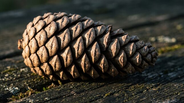 Pinecone resting on weathered wood with moss detail