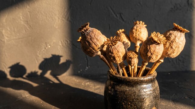 Dried poppy seed pods arranged in rustic vessel with dramatic shadow play