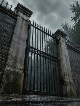 Tall wrought iron gate of spearheaded vertical bars with a plain scroll band across the middle