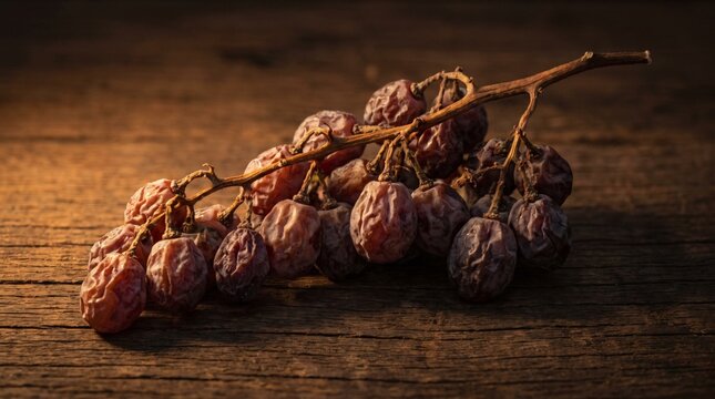 Dried raisins cluster on wooden surface with natural light