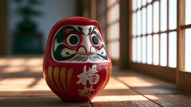 A traditional red daruma doll with painted face sits on wooden floor near shoji screen in warm sunlight