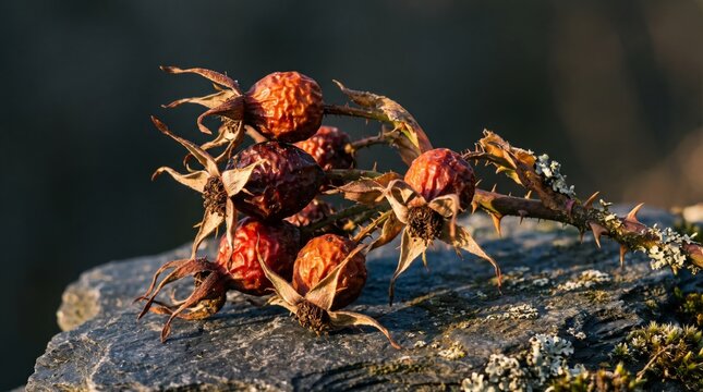 Dried rose hips clustered on weathered stone with lichen detail