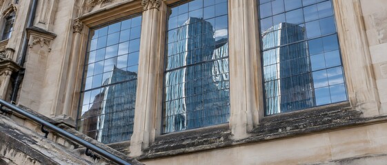 Obraz premium Mirrored slab of modern glass tower warped across Victorian library windows