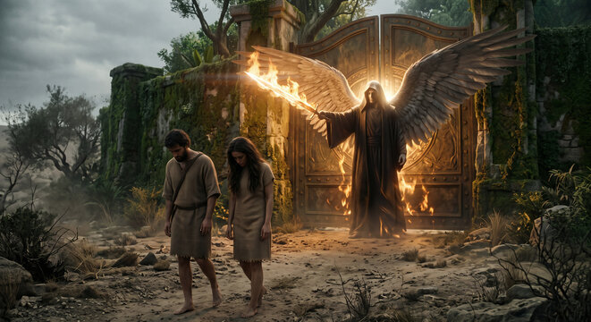 Adam and Eve Expelled From the Garden of Eden, Cherubim Guarding the Entrance With a Flaming Sword
