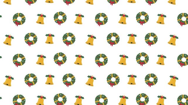 Christmas seamless pattern background with christmas bells and wreaths falling motion loop
