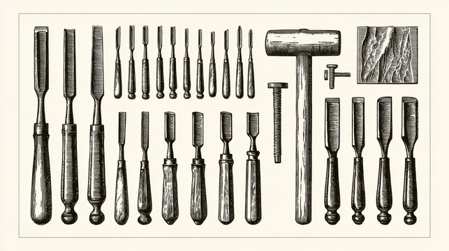 A collection of woodcarving tools on a white background shows chisels, mallet, and work in progress.