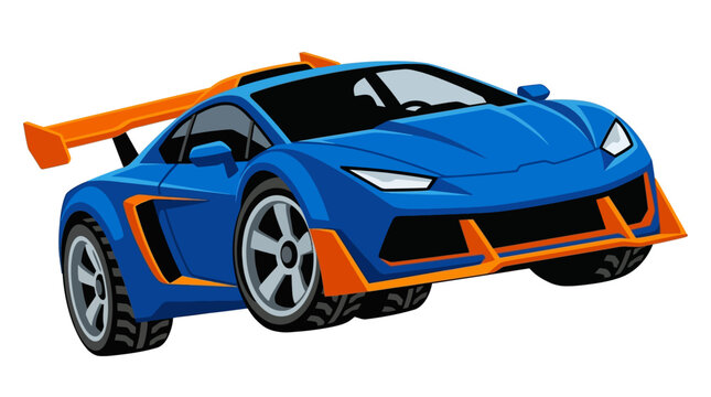 Vector illustration of a blue and orange sports car jumping in mid-air, dramatic low-angle perspective, modern aerodynamic design with large rear spoiler and aggressive body kit.