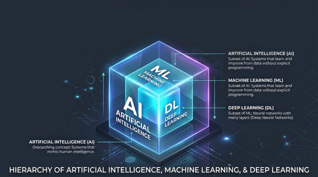 Hierarchy of A I Machine Learning Deep Learning Concept Illustration.
