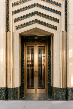 An art deco entrance doorway with a stepped recessed surround of chevron bands and fluted jamb panels