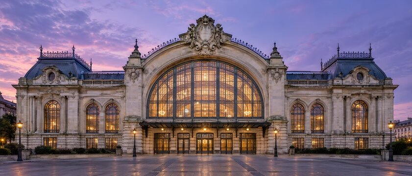 A Beaux-arts railway station front with a wide arched window and rusticated base