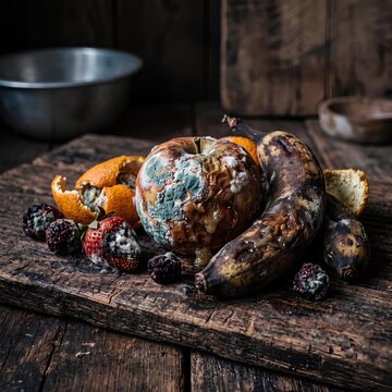 Decayed and Moldy Fruit and Vegetable Collection on Rustic Wooden Surface.