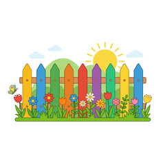 Obraz premium Rainbow wooden fence and garden flowers under bright summer sun