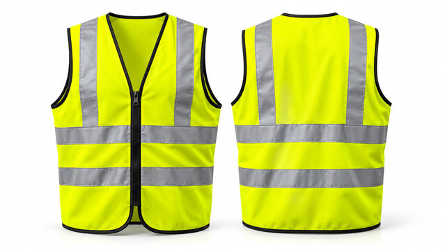 High visibility yellow safety vest front and back view isolated on white background.
