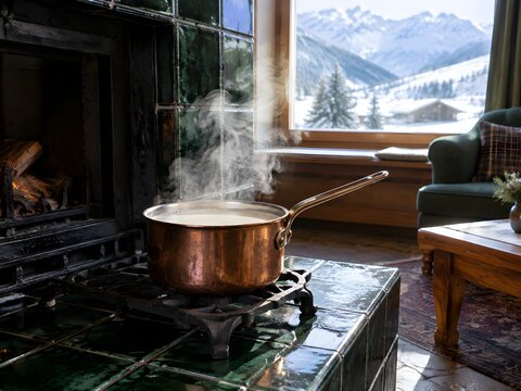 Steaming soy milk in a copper saucepan on a fireplace trivet