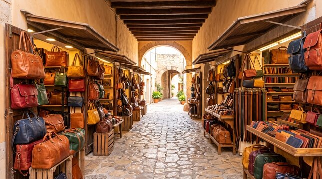 Covered leather market corridor, Colorful artisan stalls and goods