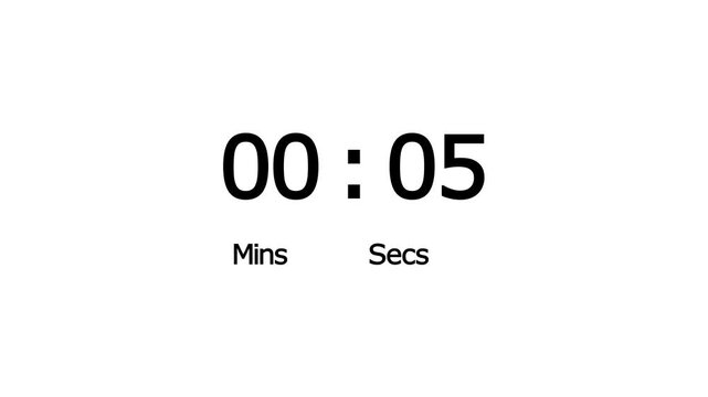 30 Second Digital Timer Clock Motion Graphic Animation with black Numbers and Mins Secs Text on white Background, Minimal Count Up Stopwatch Clock for Quiz Presentation Fitness Workout Overlay.