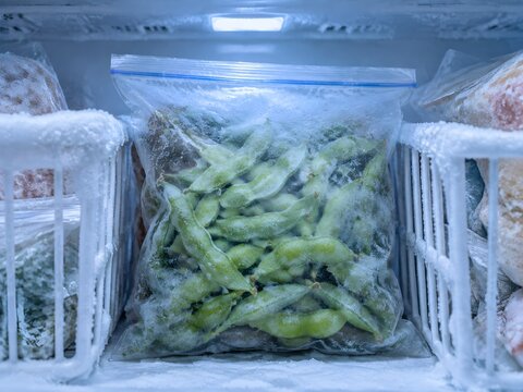 Frozen edamame pods sealed in a clear resealable freezer bag propped between frost rimmed baskets