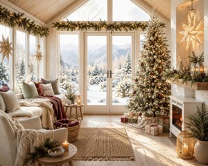 Obraz premium Cozy Christmas living room with snowy mountain views