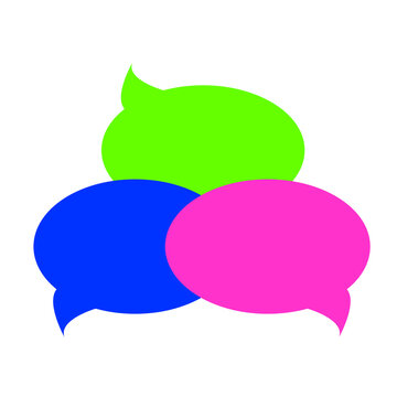 Colorful overlapping speech bubbles set lime green blue magenta pink chat discussion icons UI illustration.