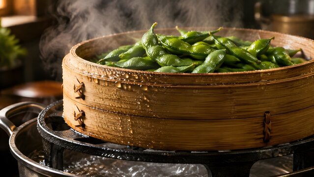 Green edamame pods in a bamboo steamer over a steaming pot on a trivet