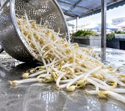 Fresh soybean sprouts tumbling from a perforated metal colander onto a wet market counter