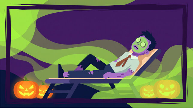 A humorous illustration of a zombie relaxing at a spa with cucumber slices and glowing pumpkins, perfect for quirky Halloween wellness and skincare campaigns