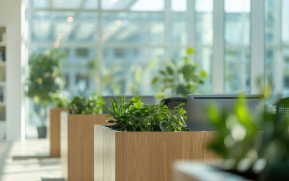 Bright Minimalist Open-Plan Office with Large Windows and Wooden Pot Plants