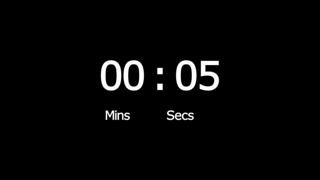 30 Second Digital Timer Clock Motion Graphic Animation with White Numbers and Mins Secs Text on Black Background, Minimal Count Up Stopwatch Clock for Quiz Presentation Fitness Workout Overlay.