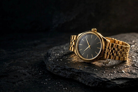 Gold wristwatch on dark slate stone with dramatic light