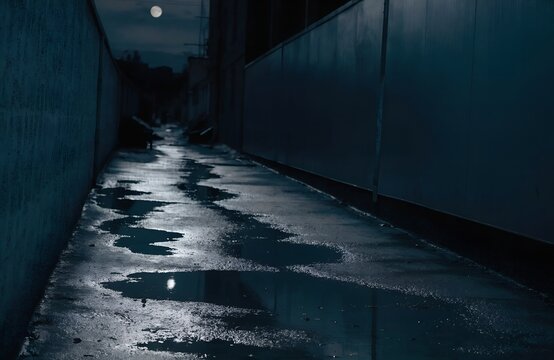 Moonlit wet alley with the moon reflected in rain puddles
