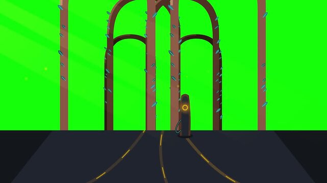 Animated electric vehicle charging station on a dark road with wooden arches and green screen background