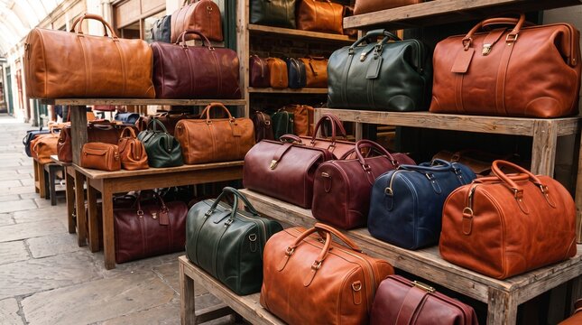 Leather travel bags fill stall, Artisan market luggage display