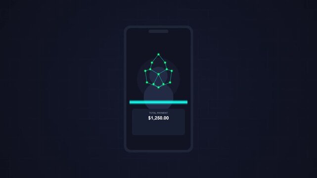 3D animation of smartphone facial recognition scanner verifying payment successfully with biometric security