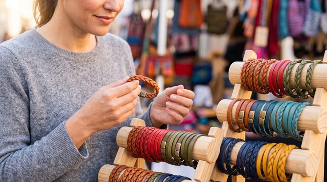 Shopper selects leather bracelet, Colorful artisan market accessories