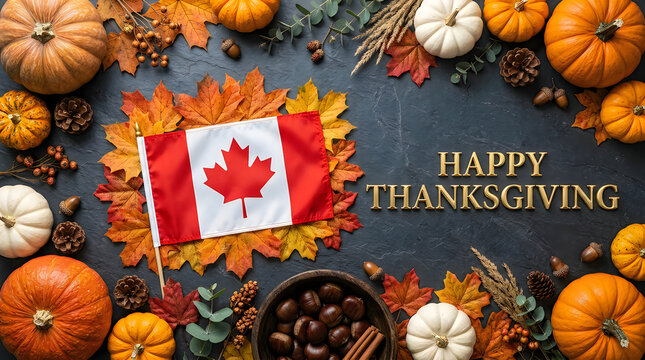 Happy thanksgiving greeting with canadian flag and autumn pumpkins on a dark background