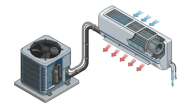 Split air conditioner heat pump system diagram showing airflow and internal components