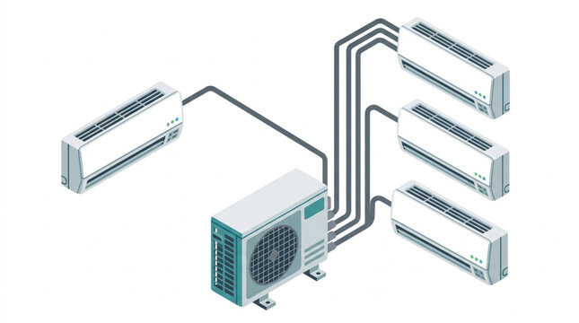 Isometric multi split air conditioner system diagram with outdoor heat pump unit and indoor units