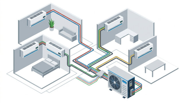 Isometric multi split air conditioner system scheme in modern home apartment layout