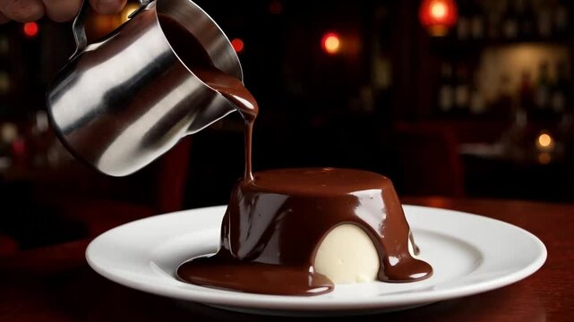 Chocolate Sauce Over Vanilla Dessert