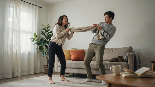 Couple in living room playfully (or angrily) pulling opposite ends of a thick rope, modern sofa behind them, soft natural light