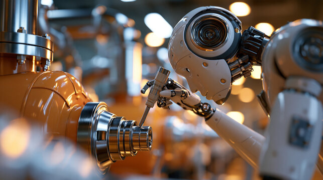Humanoid inspection robot leaning toward orange cylindrical equipment on an industrial assembly line rear three quarter view emphasizing its articulated fingers and a sensor probe held