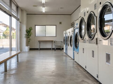 Coin laundry interior in an ordinary Japanese neighborhood