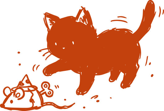 Playful cat pouncing on wind-up toy mouse in naive ink illustration