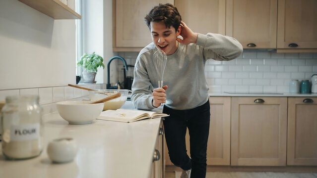 Young man smiling in a bright modern kitchen, flour on his hands, leaning on the counter while baking