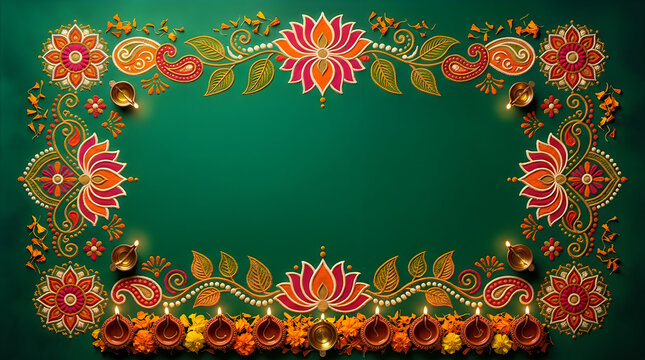 Festive Diwali Border Background with Floral Frame, Diyas and Deep Green Backdrop