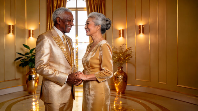 Casal de idosos multirracial  compartilhando momentos felizes da vida, Negro e asi&aacute;tico