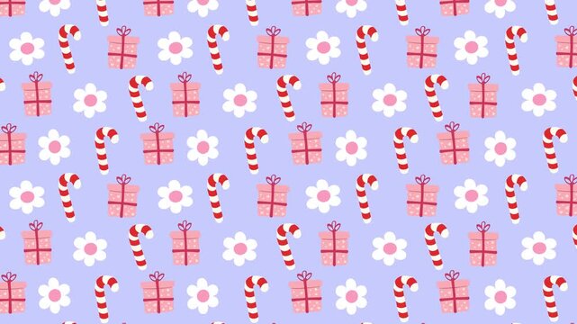 Christmas seamless pattern background with gift boxes flowers and candy canes rising motion loop