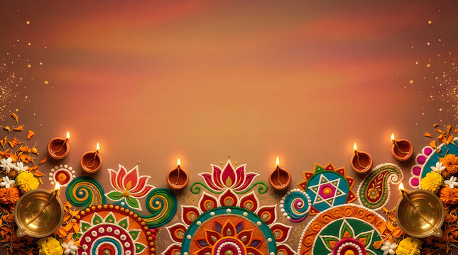 Festive Diwali Border Background with Glowing Diyas and Colorful Rangoli
